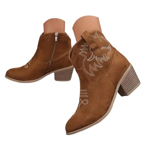 Stiefeletten Damen Stiefel Ankle Boots Modische, bestickte Stiefeletten mit niedrigem Absatz für Damen, runde Zehenpartie, dicke Absätze, große Größe, seitlicher Reißverschluss Boots (Brown, 38) von VBEDKDEB