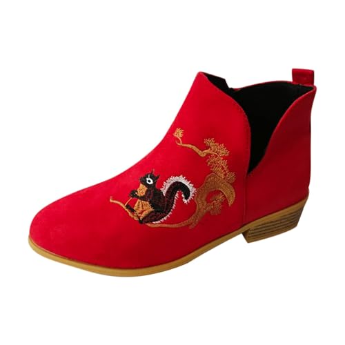 Stiefeletten Damen Stiefel Ankle Boots Modische, niedrige Stiefeletten für Damen mit Reißverschluss, spitzer Zehenpartie und quadratischem Absatz, zum Hineinschlüpfen, bedruckt Motorrad (Red, 37) von VBEDKDEB