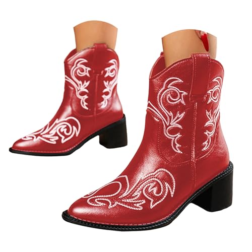 Stiefeletten Damen Stiefel Ankle Boots Modische, schlankmachende Stiefeletten mit spitzer Zehenpartie, dickem Absatz und mittlerem Absatz für Damen, bestickte Retro Western Ausgefallene (Red, 37) von VBEDKDEB