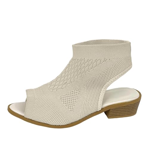 Stiefeletten Damen Stiefel Ankle Boots Neu Fliegende gewebte Air Heel Sandalen Damen Gestrickte Atmungsaktive Hohl Fischmaul Gummistiefel Gefüttert (White, 39) von VBEDKDEB