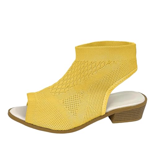 Stiefeletten Damen Stiefel Ankle Boots Neu Fliegende gewebte Air Heel Sandalen Damen Gestrickte Atmungsaktive Hohl Fischmaul Gummistiefel Gefüttert (Yellow, 38) von VBEDKDEB
