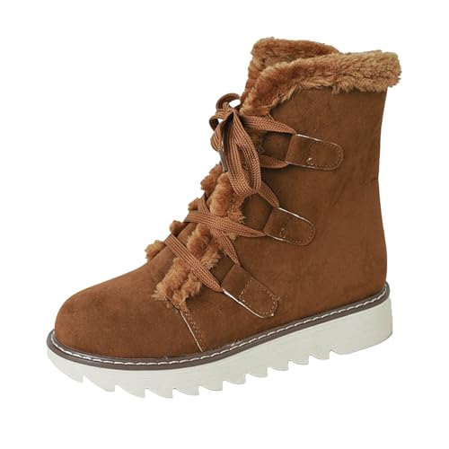 Stiefeletten Damen Stiefel Ankle Boots Neue Winter Außenhandelsfrauen warme Baumwollschuhe Grenze Große Größe Frauen Flache Unterseite Feste Farbe Plus Samt Dicke warme Gummi Boot (Brown, 41) von VBEDKDEB