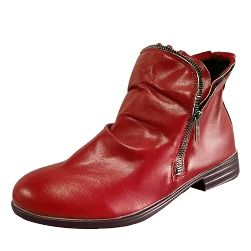 Stiefeletten Damen Stiefel Ankle Boots Neue Winter Außenhandelsfrauen warme Baumwollschuhe Grenze Große Größe Frauen Flache Unterseite Feste Farbe Plus Samt Dicke warme Gummischuhe Damen (Red, 41) von VBEDKDEB
