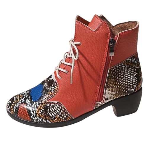 Stiefeletten Damen Stiefel Ankle Boots Neue Winter Außenhandelsfrauen warme Baumwollschuhe Grenze Große Größe Frauen Flache Unterseite Feste Farbe Plus Samt Dicke warme Gummistiefel Damen (Red, 41) von VBEDKDEB