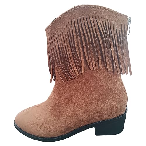 Stiefeletten Damen Stiefel Ankle Boots Retro Quaste Stiefel Für Frauen Winter Spitzen Dicken Absätzen Solide Westlichen Denim Kurze Für Frauen Schneestiefel Damen (Brown, 42) von VBEDKDEB