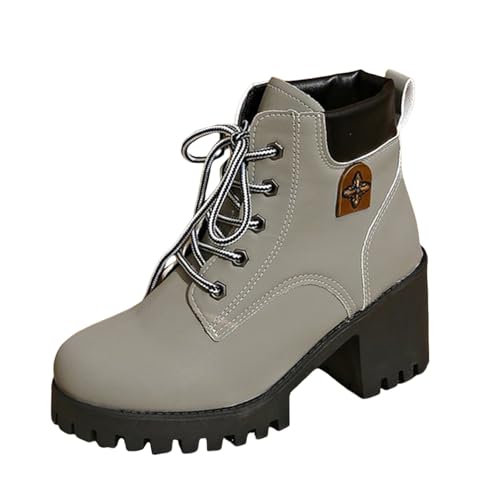 Stiefeletten Damen Stiefel Ankle Boots Solide, vielseitige, große Lederstiefel mit dickem Absatz und mittlerem Absatz, kurzen Ärmeln für Damen, Schnürstiefel mit runder Spitze, Stiefel (Grey, 38) von VBEDKDEB