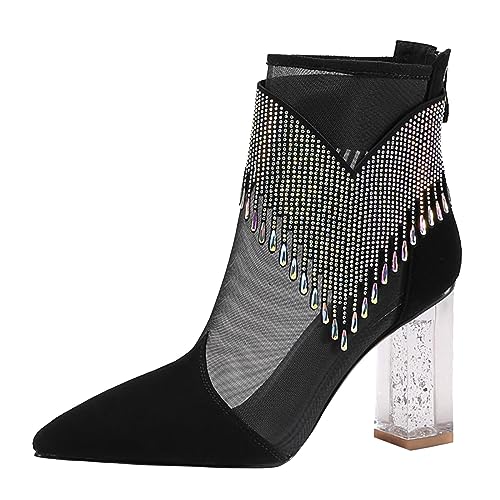 Stiefeletten Damen Stiefel Ankle Boots Spitze Strass Quaste High Heel Stiefeletten Lässige Four Seasons High Heel Schuhe Motorradstiefel Damen (38) von VBEDKDEB