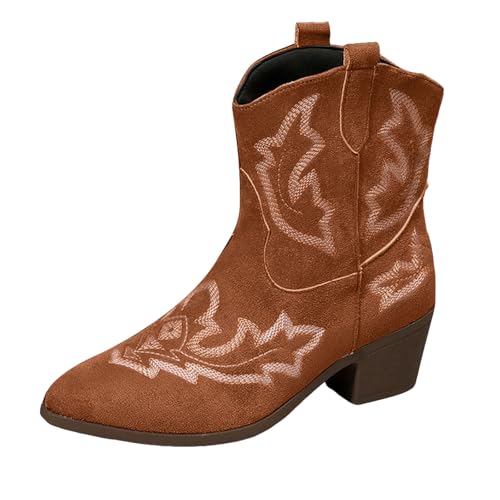 Stiefeletten Damen Stiefel Ankle Boots Suede Retro Women's Short Boots Fashion Casual Thick Heel Pointed Toe Outer Wear Cowboy Ankle (Deutsche Übersetzung) Schuhe Wasserdicht Damen (Brown, 37) von VBEDKDEB