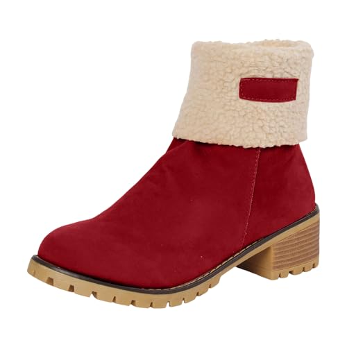 Stiefeletten Damen Stiefel Ankle Boots Warme Stiefel für Damen, Damenstiefeletten mit seitlichem Reißverschluss, Stiefeletten, Schuhe, Damenstiefel mit mittlerer Wade, Winterstiefel (Red, 42) von VBEDKDEB