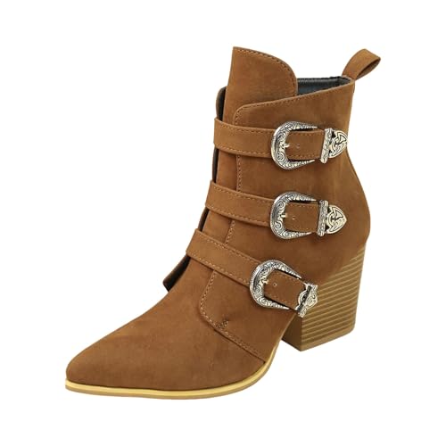 Stiefeletten Damen Stiefel Ankle Boots Women's Fashion Trend Pointed Toe Chunky Heel Mid Tube Belt Side Zipper Ankle Boots (Deutsche Übersetzung) 22222stiefel Damen (Brown, 41) von VBEDKDEB