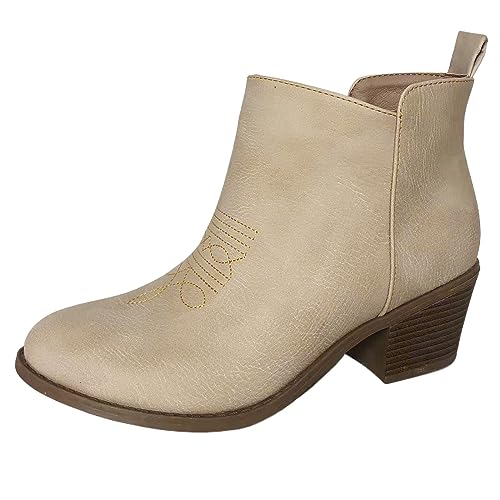 Stiefeletten Damen Stiefel Ankle Boots solide einfache Western Cowboy gestickte Stiefeletten mit dickem Absatz mittlerem Absatz niedrigem Schnitt seitlichem Reißverschluss Gummistiefel (White, 42) von VBEDKDEB