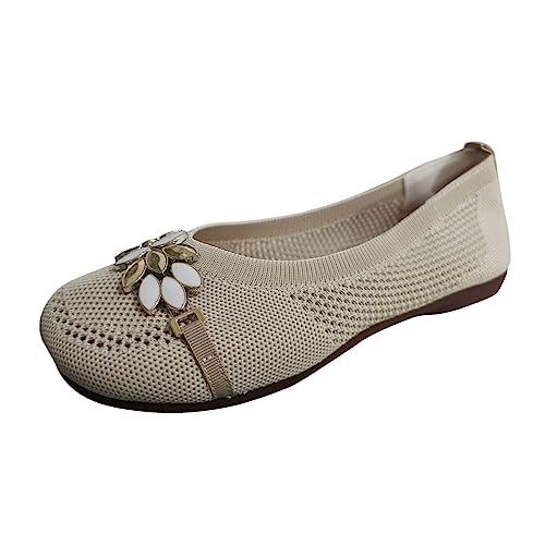 VBEDKDEB Ballerina Schuhe Damen Bequeme Flache Ballerinas Atmungsaktive Mesh-Blumen-Strass-Dekorative Freizeitschuhe mit flachem Boden Ballerinas Für Damen Sneaker (White, 40) von VBEDKDEB