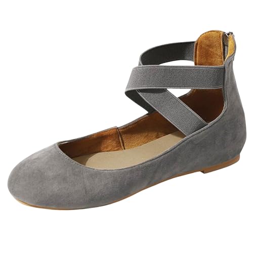 VBEDKDEB Ballerina Schuhe Damen Bequeme Flache Ballerinas Bequeme Mary Jane Ballerinas mit runder Spitze und elastischem Riemen Ballerina Damen Leder (Grey, 42) von VBEDKDEB