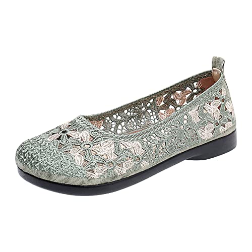 VBEDKDEB Ballerina Schuhe Damen Bequeme Flache Ballerinas Freizeit-Mesh-Spitze-Blumen, rutschfest, flach, runde Zehen, atmungsaktiv, zum Hineinschlüpfen Hausschuhe Ballerinas Damen (Green, 39) von VBEDKDEB