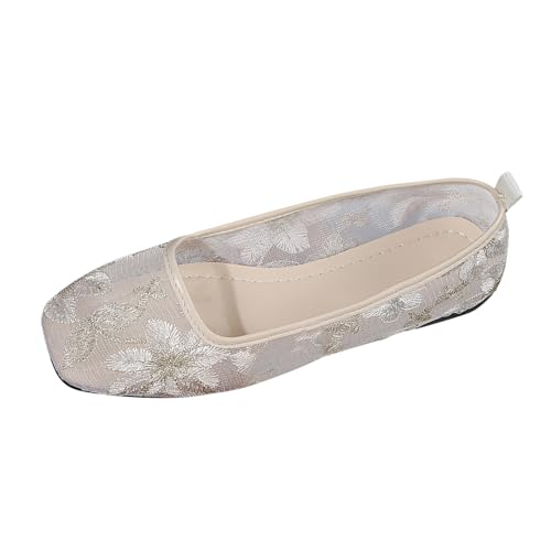 VBEDKDEB Ballerina Schuhe Damen Bequeme Flache Ballerinas Freizeit gestickte Blumen, rutschfest, flach, quadratische Zehen, atmungsaktiv, zum Hineinschlüpfen, Lazy Mesh Ballerinas Damen (White, 38) von VBEDKDEB