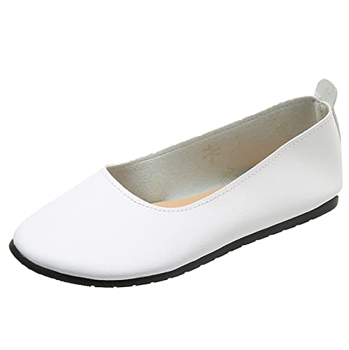 VBEDKDEB Ballerina Schuhe Damen Bequeme Flache Ballerinas Freizeitschuhe Leichte Flache Mund Slip On Einfarbig Runde Zehe Ballerina Spitz Damen (White, 38) von VBEDKDEB