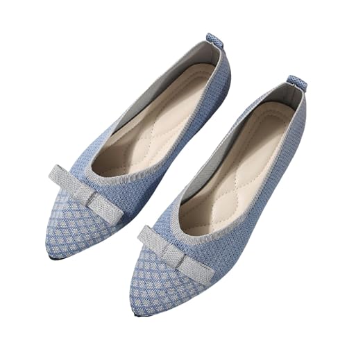 VBEDKDEB Ballerina Schuhe Damen Bequeme Flache Ballerinas Schleife Flache Casual Einzelschuhe Gestrickt Flacher Mund Farbe Blockiert Lazy Set Spitze Ballerinas Damen (Blue, 35) von VBEDKDEB