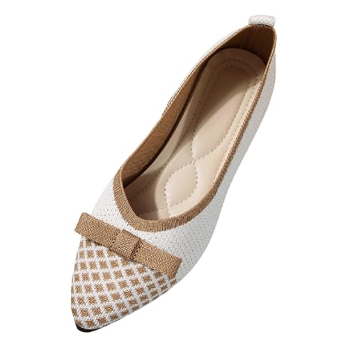 VBEDKDEB Ballerina Schuhe Damen Bequeme Flache Ballerinas Schleife Flache Casual Einzelschuhe Gestrickt Flacher Mund Farbe Blockiert Lazy Set Spitze Ballerinas Damen (White, 41) von VBEDKDEB