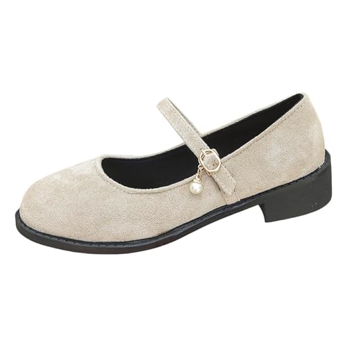 VBEDKDEB Ballerina Schuhe Damen Bequeme Flache Ballerinas mit klobigem, niedrigem Absatz, Bequeme Laufschuhe, süße Ballettschuhe, Halbschuhe, Arbeitsschuhe Sling Ballerinas Damen (Beige, 42) von VBEDKDEB