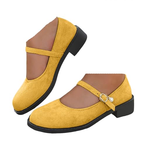 VBEDKDEB Ballerina Schuhe Damen Bequeme Flache Ballerinas mit klobigem, niedrigem Absatz, Bequeme Laufschuhe, süße Ballettschuhe, Halbschuhe, Arbeitsschuhe Sling Ballerinas Damen (Yellow, 39) von VBEDKDEB