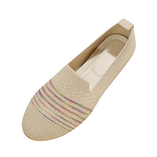VBEDKDEB Ballerina Schuhe Damen Gestrickt Atmungsaktive Flach Ballerinas Walkingschuhe Bequeme Arbeitsschuhe 2025 rutschfeste Wanderschuhe Slipper Freizeitschuhe Leichte Schlupfschuhe (Beige, 42) von VBEDKDEB