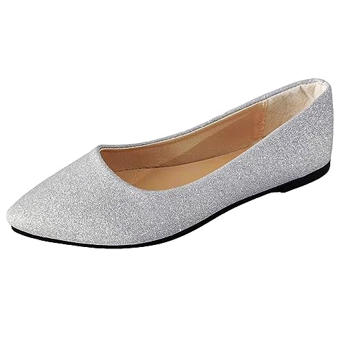 VBEDKDEB Ballerinas Damen Ballerina, einfarbig, mit Pailletten, Flacher Schnitt, Flache, lässige Einzelschuhe Balerinaschuhe Damen Bequem Flats Schuhe (Silver, 37) von VBEDKDEB