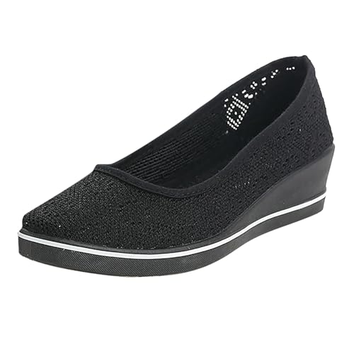 VBEDKDEB Ballerinas Damen Schwarz Weiss Slip on Spitze Ballerina Schuhe Frühling Sommer Bequem Stoff Barfuss Plateau Wedge Schuhe Weiches Keilabsatz Arbeit Freizeitschuhe (Black, 41) von VBEDKDEB