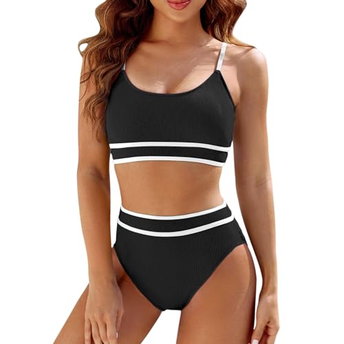 VBEDKDEB Bikini Damen Set Badeanzüge Bauchweg Sport Bikini Sets High Waist Bademode Push Up Gerippt Zweiteiliger Badeanzug Sommer Bauchkontrolle Swimsuit (J-Schwarz,M) von VBEDKDEB