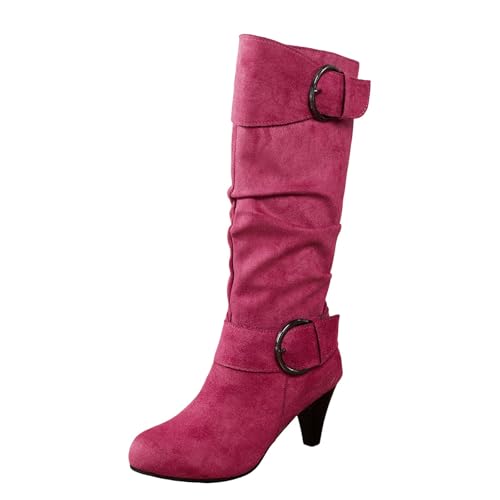 VBEDKDEB Boots Damen Kniehohe Stiefel Border Foreign Trade Große Damenschuhe Herbst und Winter Neue Damen Lederstiefel mit Gürtelärmeln und niedrigem Absatz Stiefel Schwarz (Red, 43) von VBEDKDEB