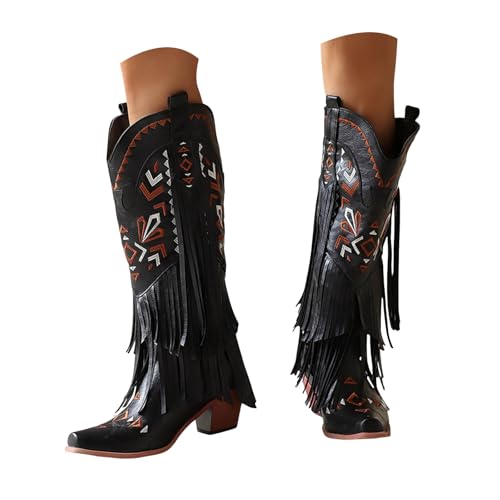 VBEDKDEB Boots Damen Kniehohe Stiefel Cowboystiefel für Damen, Kniehohe Westernstiefel mit Fransenstickerei, Spitze Zehenpartie und klobigen Absätzen Schuhe Zum Dirndl (37) von VBEDKDEB