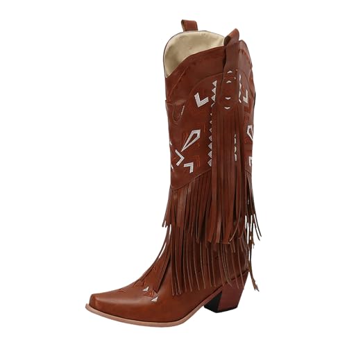 VBEDKDEB Boots Damen Kniehohe Stiefel Cowboystiefel für Damen, Kniehohe Westernstiefel mit Fransenstickerei, Spitze Zehenpartie und klobigen Absätzen Schuhe Zum Dirndl (Brown, 41) von VBEDKDEB