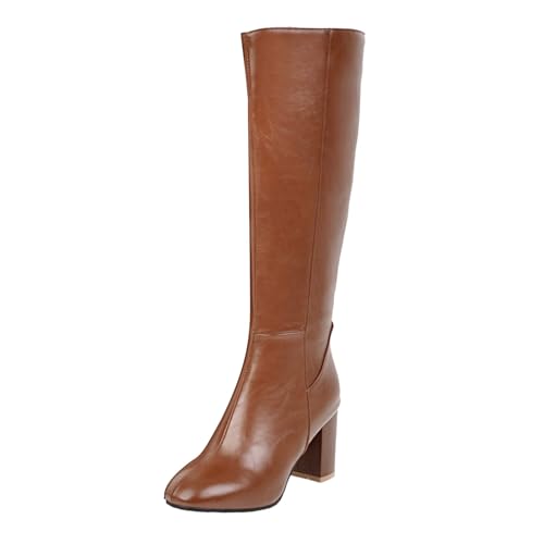 VBEDKDEB Boots Damen Kniehohe Stiefel Damen Leder Modische Lange Röhrenblockabsatz Spitzschuh Seitlicher Reißverschluss Modische Kniehohe Stiefel Cowboystiefel (Brown, 40) von VBEDKDEB