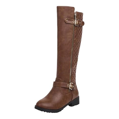 VBEDKDEB Boots Damen Kniehohe Stiefel Damen Stiefel mit langem Reißverschluss und Gürtel, runder Zehenpartie, klobigem Absatz, modischem Leder und Kniestiefeln Cowboystiefel (Brown, 37) von VBEDKDEB