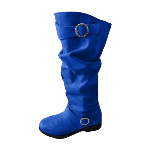 VBEDKDEB Boots Damen Kniehohe Stiefel Damen Stiefeletten mit Blockabsatz, runder Zehenpartie und hohem Absatz, lässige Kniestiefel Cowboystiefel Schwarz (Blue, 41) von VBEDKDEB