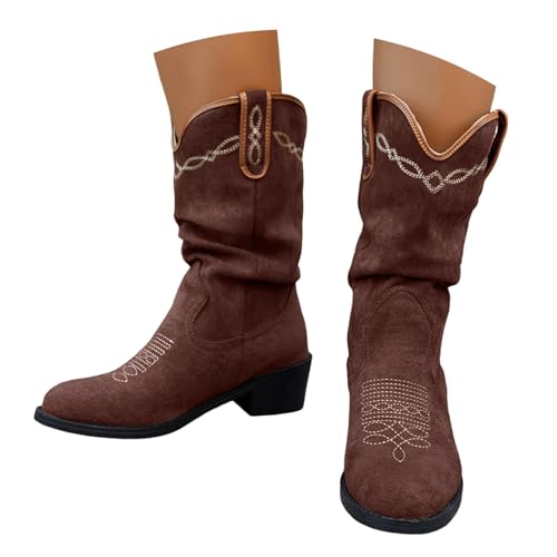 VBEDKDEB Boots Damen Kniehohe Stiefel Damen Stiefeletten mit Blockabsatz und mittlerer Wade, gestapelt, Bestickt, Wildlederstiefel Gummistiefel Rosa (Brown, 36) von VBEDKDEB