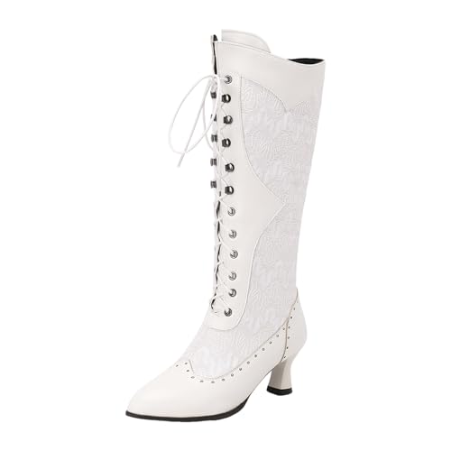 VBEDKDEB Boots Damen Kniehohe Stiefel Damen Vintage Stiefel Spitze Braut Bräute Hochzeit Mitte Wade Reißverschluss Kostüm Mid Heel Kleid Schuhe Dirndl (White, 37) von VBEDKDEB