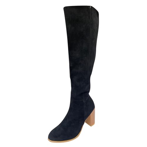 VBEDKDEB Boots Damen Kniehohe Stiefel Damenmode, klobiger Absatz, Spitze Zehenpartie, Langer seitlicher Reißverschluss, Wildleder, lässige Mode, Kniestiefel Damen Gartenschuhe (43) von VBEDKDEB