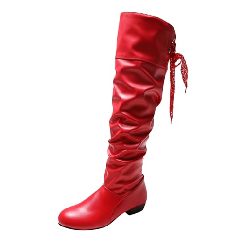 VBEDKDEB Boots Damen Kniehohe Stiefel Damenmode Lederschuhe Damen Fliege Dicker Absatz Lange Stiefel Schnürboots Schwarz (Red, 43) von VBEDKDEB