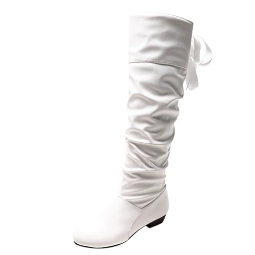 VBEDKDEB Boots Damen Kniehohe Stiefel Damenmode Lederschuhe Damen Fliege Dicker Absatz Lange Stiefel Schnürboots Schwarz (White, 43) von VBEDKDEB