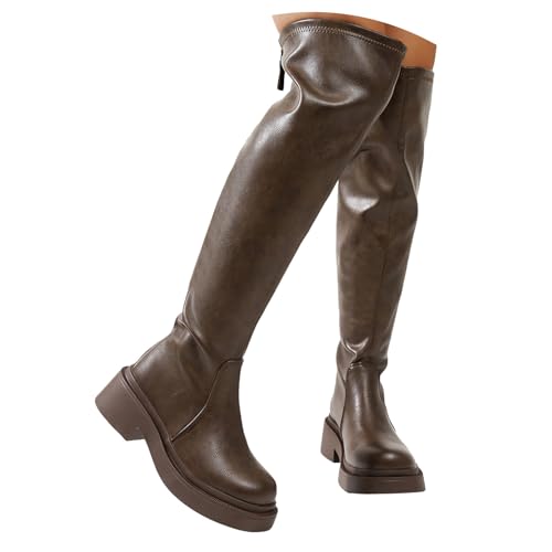 VBEDKDEB Boots Damen Kniehohe Stiefel Damenmode Outdoor Reißverschluss Dicke Sohle Abnehmen Flache Mode High Top Kniehohe Stiefel Gummistiefel Damen Schwarz (Khaki, 37) von VBEDKDEB