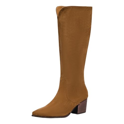 VBEDKDEB Boots Damen Kniehohe Stiefel Damenstiefel mit dickem Absatz und seitlichem Reißverschluss, modisch, lässig, spitz, kniehoch Damen Gummistiefel (Brown, 43) von VBEDKDEB