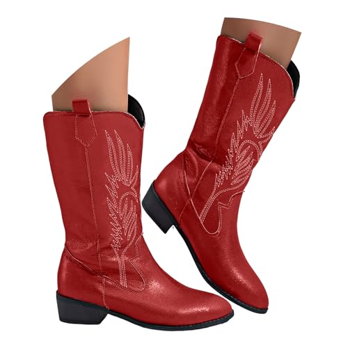 VBEDKDEB Boots Damen Kniehohe Stiefel Damenstiefel mit glänzender Spitze und Dicker Ferse, modisch, lässig, Oberbekleidung, Cowboy Mode, Kniehohe Stiefel Damen Winterstiefel (Red, 41) von VBEDKDEB
