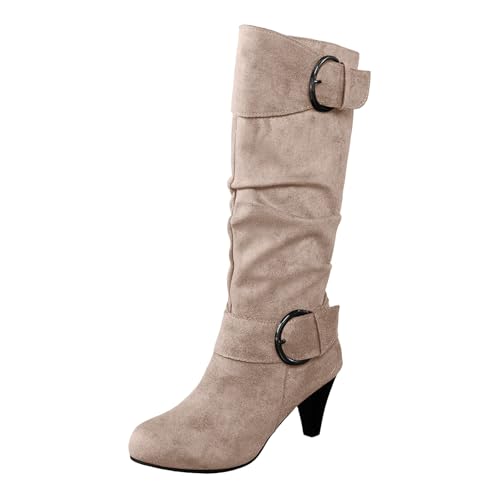 VBEDKDEB Boots Damen Kniehohe Stiefel Damenstiefel mit modischem Gürtel, Weinglasabsatz, spitzer Zehenpartie, einfarbig, oberschenkelhoher Kniestiefel Cowboyboots Damen (Beige, 42) von VBEDKDEB