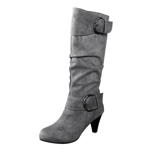 VBEDKDEB Boots Damen Kniehohe Stiefel Damenstiefel mit modischem Gürtel, Weinglasabsatz, spitzer Zehenpartie, einfarbig, oberschenkelhoher Kniestiefel Cowboyboots Damen (Grey, 39) von VBEDKDEB