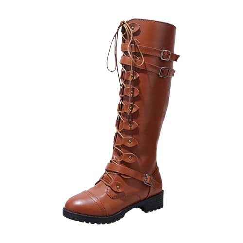 VBEDKDEB Boots Damen Kniehohe Stiefel Europäische und Lederstiefel mit rundem Kopf und Gürtel, Flache Stiefel für Damen Winterstiefel mit Schnürung hohem Schaft Dirndl Schuhe Bequem (Brown, 42) von VBEDKDEB