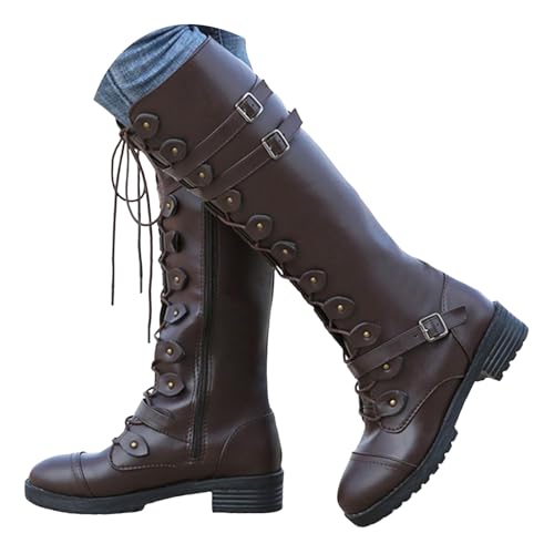 VBEDKDEB Boots Damen Kniehohe Stiefel Europäische und Lederstiefel mit rundem Kopf und Gürtel, Flache Stiefel für Damen Winterstiefel mit Schnürung hohem Schaft Dirndl Schuhe Bequem (Coffee, 37) von VBEDKDEB