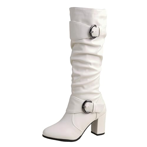 VBEDKDEB Boots Damen Kniehohe Stiefel Europäische und ausländische Handelsgrenze Große Herbst und Winterstiefel für Damen mit Gürtel Unabhängige Station Dicke Stiefel mit hohen Absatz (White, 35) von VBEDKDEB