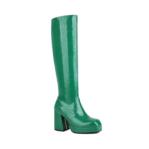 VBEDKDEB Boots Damen Kniehohe Stiefel Kniehohe Stiefel für Damen, klobiger Absatz, quadratische Zehenpartie, hohe breite Wade, modischer Langer mit seitlichem Reißverschluss Dirndl Schuhe (Green, 41) von VBEDKDEB