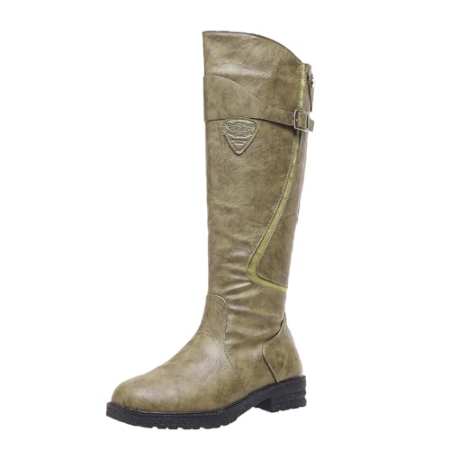 VBEDKDEB Boots Damen Kniehohe Stiefel Kniehohe Stiefel für Damen, niedriger Absatz, hohe modische Lederstiefel mit runder Zehenpartie und klobigem Absatz Schnürstiefeletten (Green, 38) von VBEDKDEB