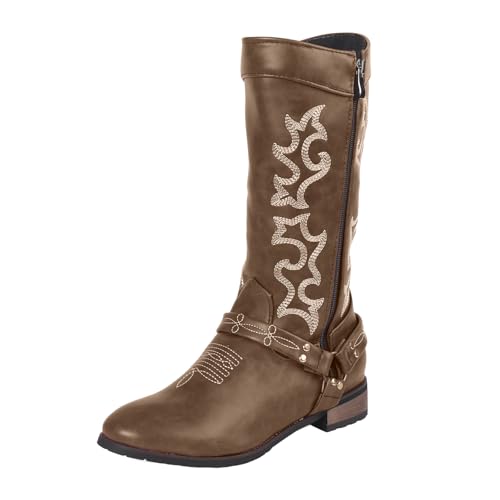 VBEDKDEB Boots Damen Kniehohe Stiefel Lange Damenstiefel, modisch, lässig, Leder, seitlicher Reißverschluss, Denim, Kniehohe Stiefel Damen Gummistiefel Kurz (Brown, 40) von VBEDKDEB